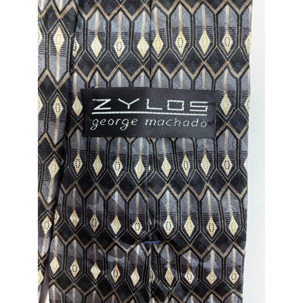 Zylos George Machado Mens Silk Tie Grey Black Geometric Diamond Pattern Necktie
